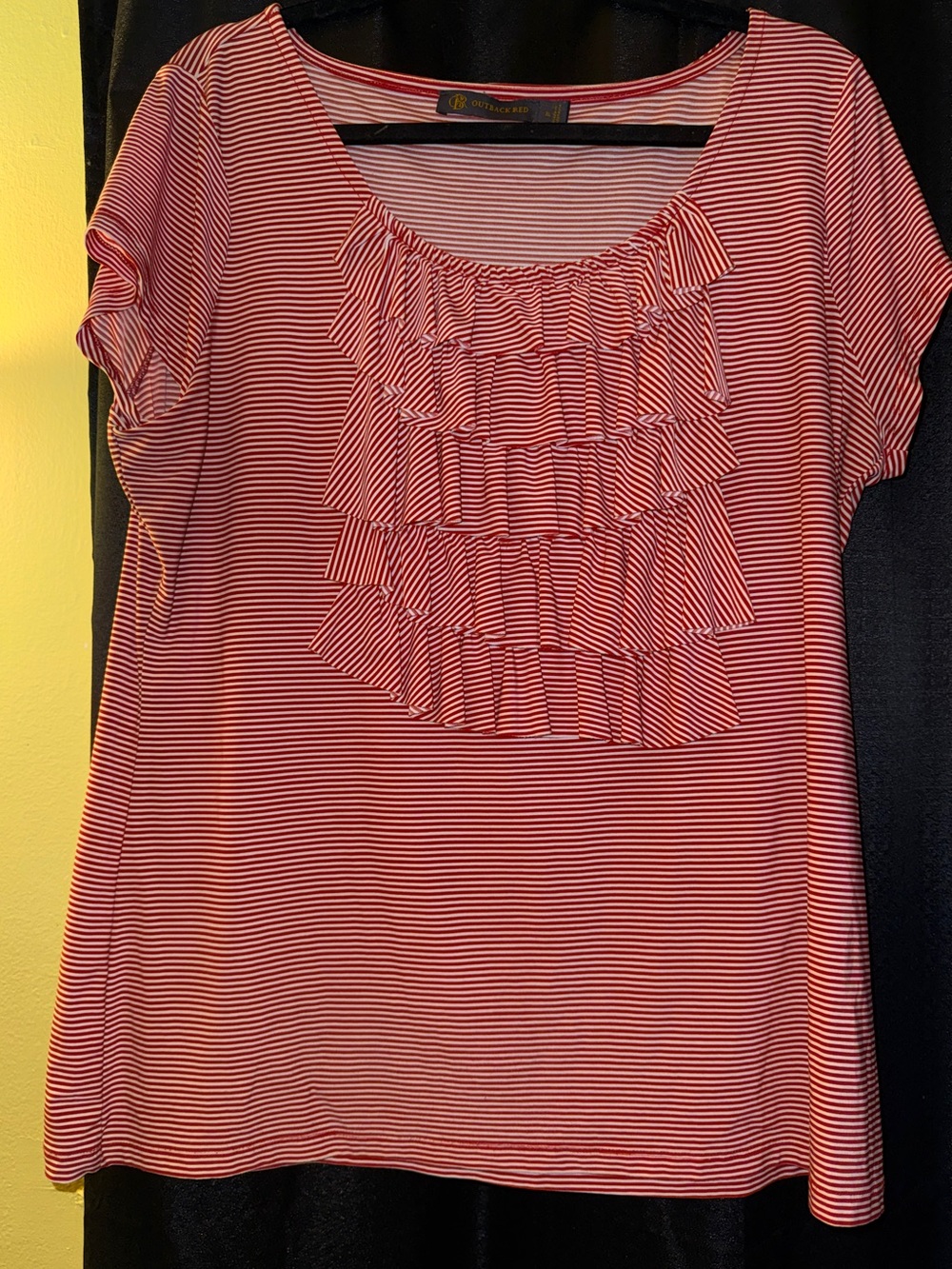 Outback Red Pink & White Striped Ruffle Front Women's Top
